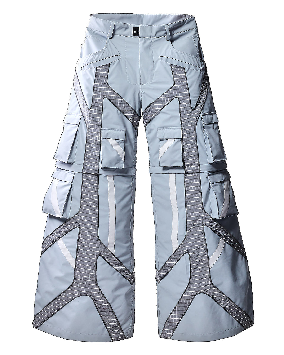 Light blue snow pants with geometric patterns on a white background